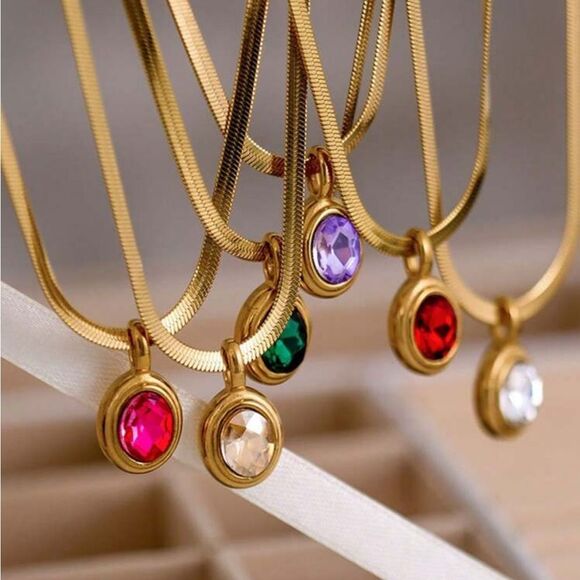 Gold Necklace with Red Gem Pendant M509 - Picture 1 of 4